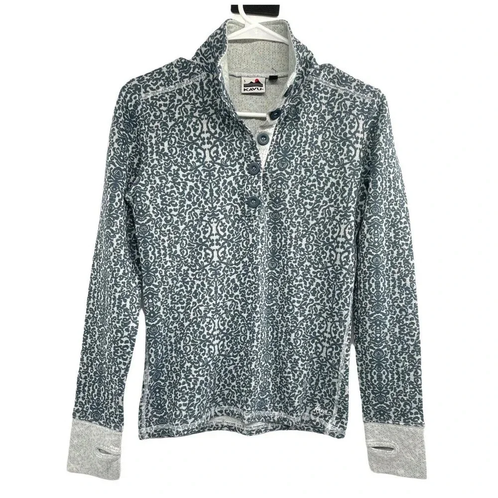 Kavu Women's Size S Lopez Long Sleeve Mock Neck Shirt Top Thumb Holes Button - Picture 2 of 11